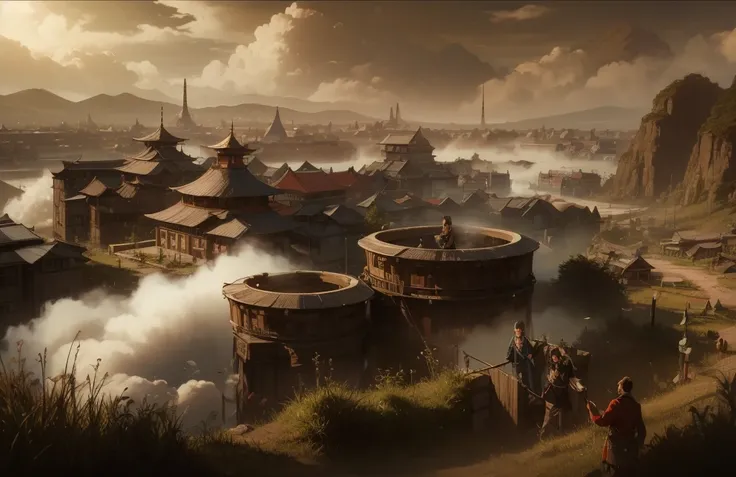 Mongolian steampunk city with grassy land with a mongolian man in first plan