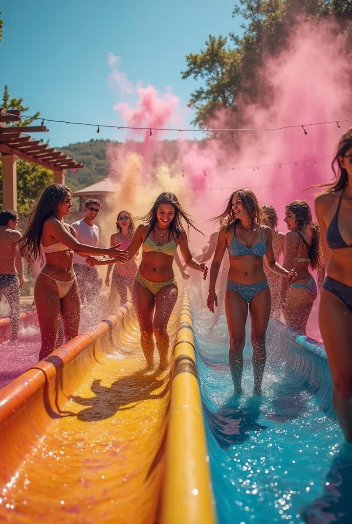 Holi party with an “H2O elements” theme, featuring vibrant young adults (19-20 years old) dancing and playfully splashing each other with colorful water balloons. Some are sliding down DIY water slides, all dressed in stylish western beachwear. The setting...