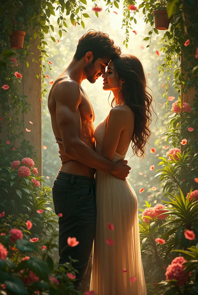 couple having sex in a room full opf flowers and plants blooming 