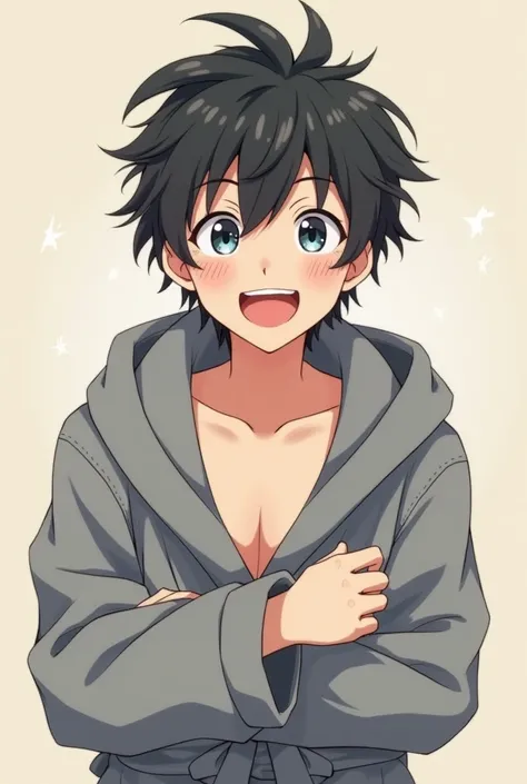 A male anime with fair skin and messy black hair and a happy face and a little gray bat robe