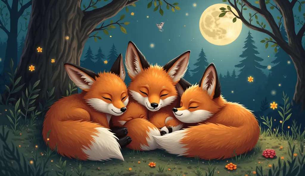  Inside a cozy fox den, the five little foxes curl up together, their fluffy tails wrapped around each other. One fox yawns with tiny, sleepy eyes, while another nuzzles its sibling for warmth. The den is lined with soft leaves and moss, making it the perf...