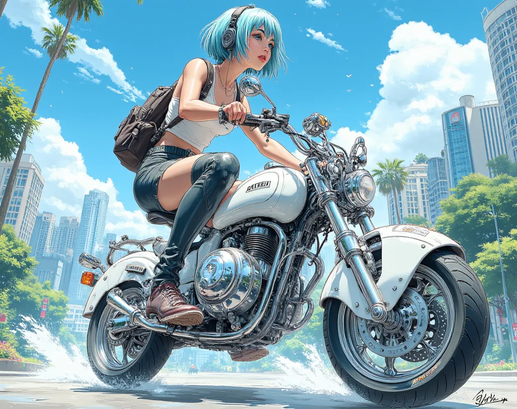 Extremely detailed illustration with numerous fine, delicate lines.
A 20-year-old woman with a cyberpunk appearance riding a futuristic, mechanical white bicycle with pedals (emphasize: not a motorcycle).
Her hair is short and blue.
Low angle shot, looking...