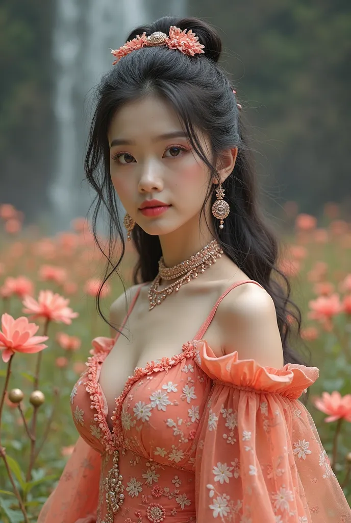 An Award Winning Portrait of a confident beautiful Asian woman with long black wavy hair in a loose updo, dressed in a beautiful fantasy peach red floral flowy dress, big breasts,  big boobs, busty, knee-high boots, cat eye make-up,  beautiful eyes and fac...