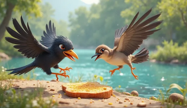 One day, both Sparrow and crow spotted a big, delicious piece of bread lying on the ground near the riverbank. They both swooped down at the same time.. 3d cartoon style