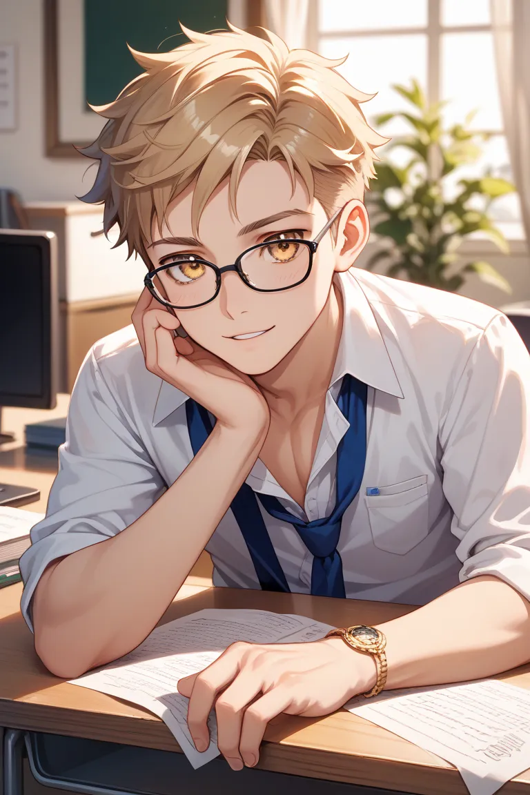 Male middle school student with short blond hair and golden eyes wearing glasses