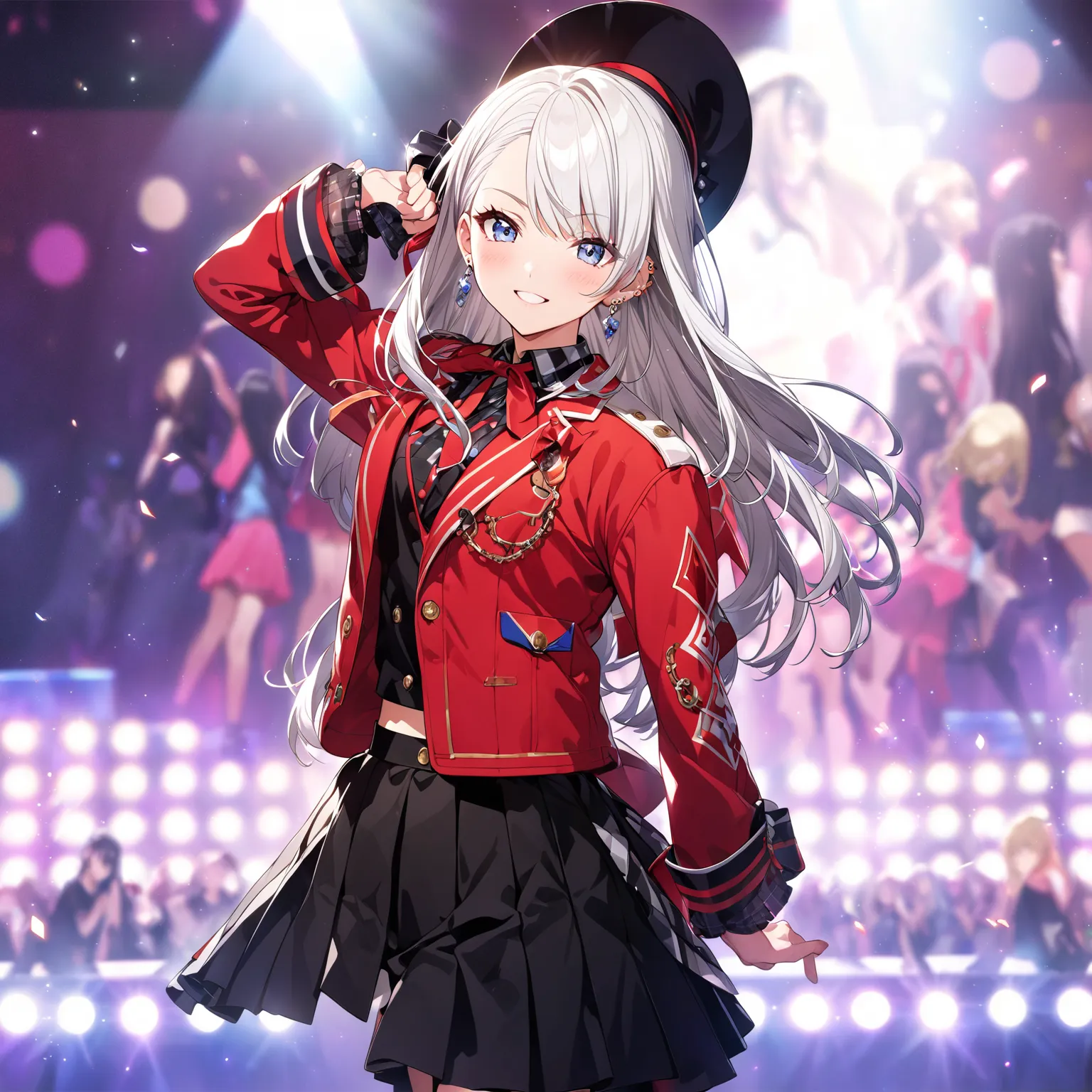 best quality, official art, college age, straight hair, asymmetrical bangs, white hair, many earrings, idol stage, blurry background, 