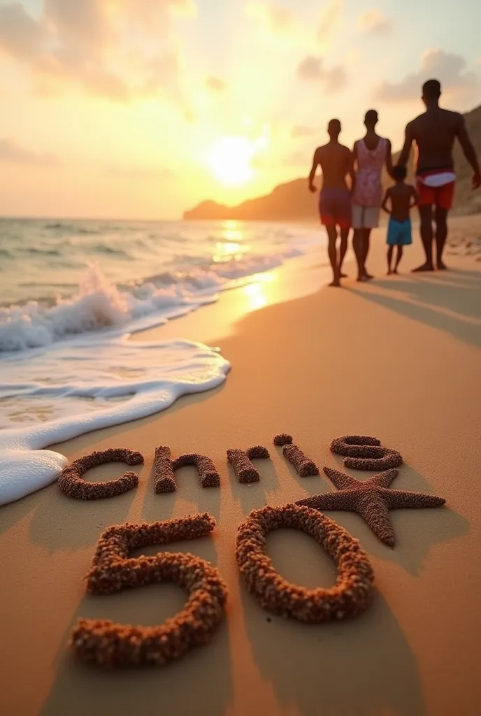 The words, ''Chris is 50'' written on beach sand next to the ocean, with 2 starfish next to the number. Light hue should be sunrise orange. Add in a small group of African adults in the near distance, out of focus having fun huddled together
