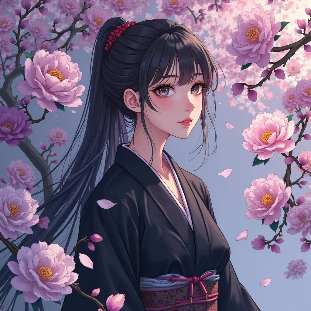 Black Kimono, One Woman, Purple Red Camellia, White Camellia, Anime Style