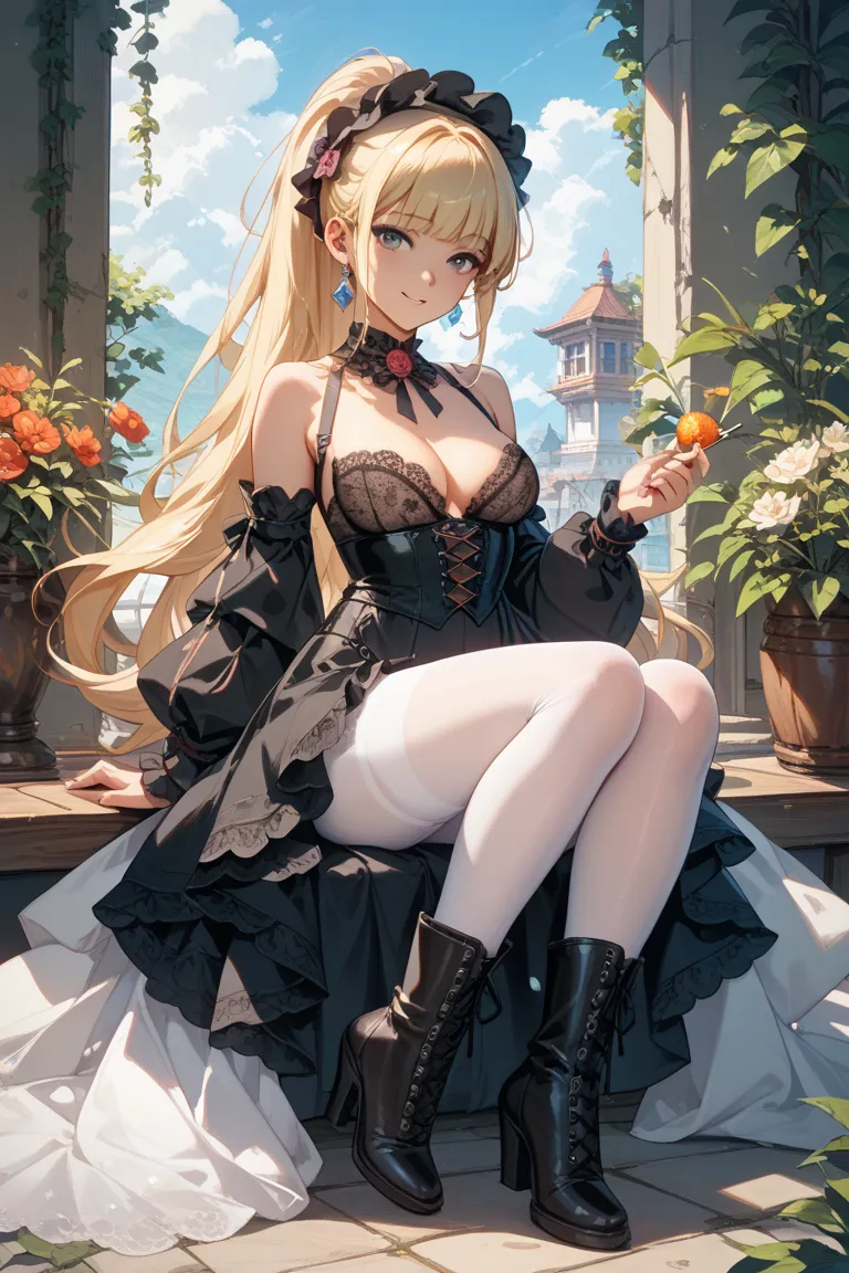 A young woman is wearing a black Lolita outfit。 full body front view、 Asians、The skin is relatively white、Lavish clothing、Silky transparent lace on the clothes、topless、white shiny tights、long boots、Blonde Ponytail。