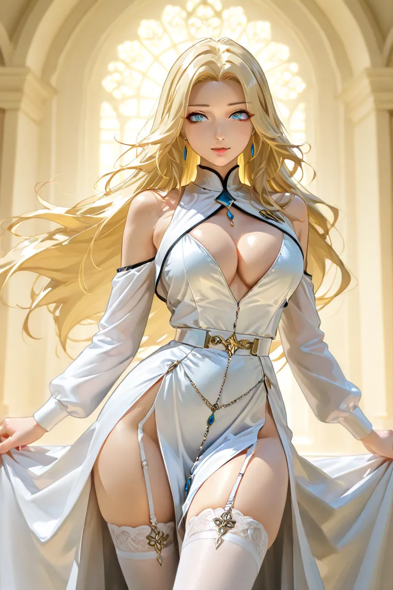 ((Swan White, GaoGaiGar)), nsfw, 1 girl, blonde hair female, long hair, blue eyes, short dress, cleavage, thighhighs, huge breasts, cowboy shot, 