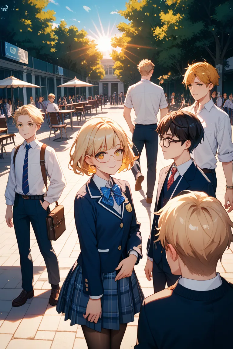 Blond hair, short golden eyes, glasses, boys, middle school students, girls have high strength