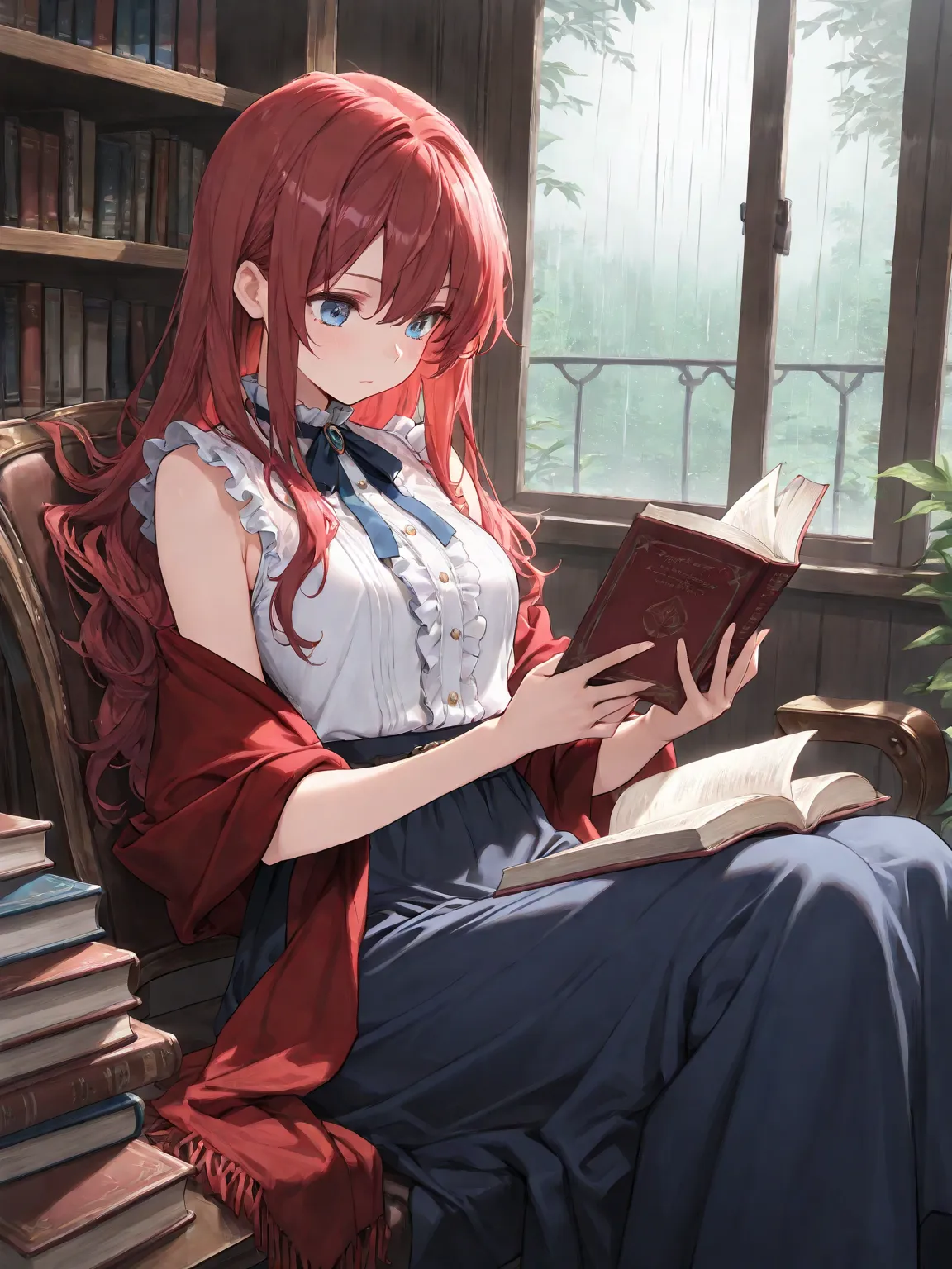 (masterpiece, best quality, ultra-detailed character, high resolution, 8k), 1girl, red hair, long hair, blue eyes, white frilled shirt, sleeveless, frills, dark blue long skirt, shawl, reading, book, indoors, rain,, perfect composition, perfect composition...