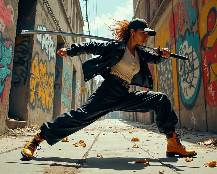 Woman in hip hop baggy clothes, black avirex leather varcity jacket and timberland construction boots with stilleto heels is lunging forward swinging a samurai sword mid-waist height from the right to the left, left foot is bent and the right leg is stretc...