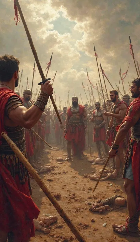 Powerful oil painting of Leonidas and the remaining Spartans in their final stand. They form a small circle surrounded by Persians, fighting with broken spears and swords. Focus on Leonidas's bloodied hand gripping his weapon as he faces overwhelming odds....