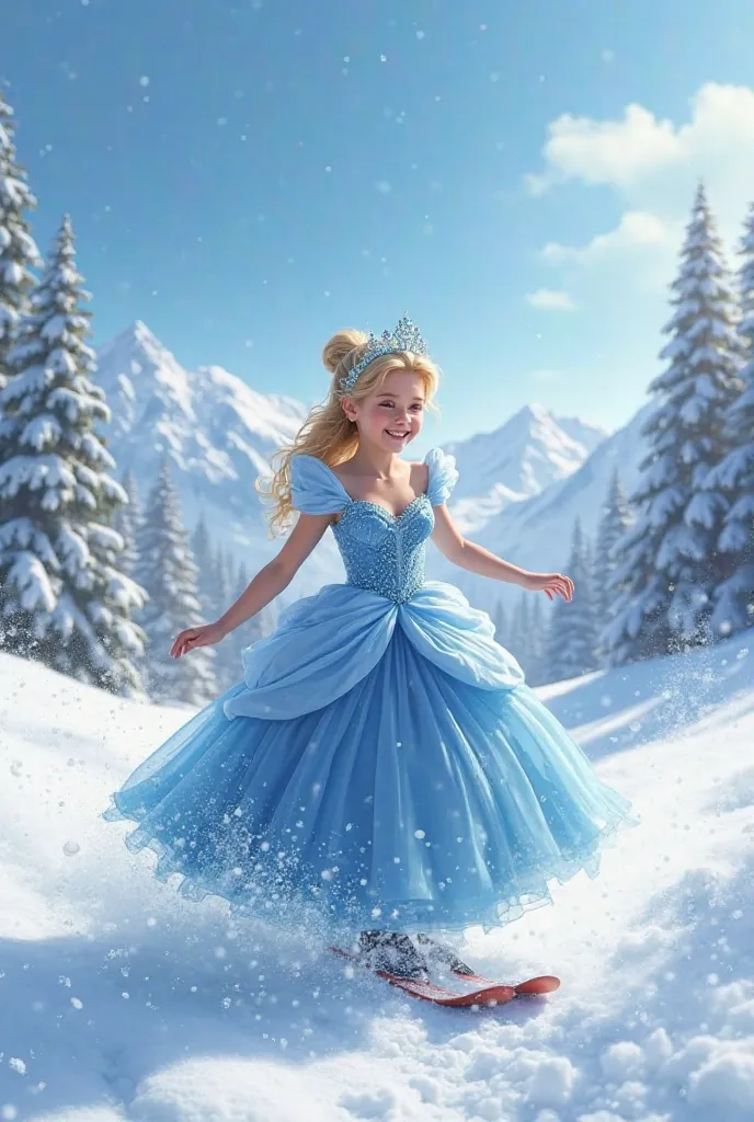 Show me a girl who is dressed like Princess Cinderella while she is skiing in the snow