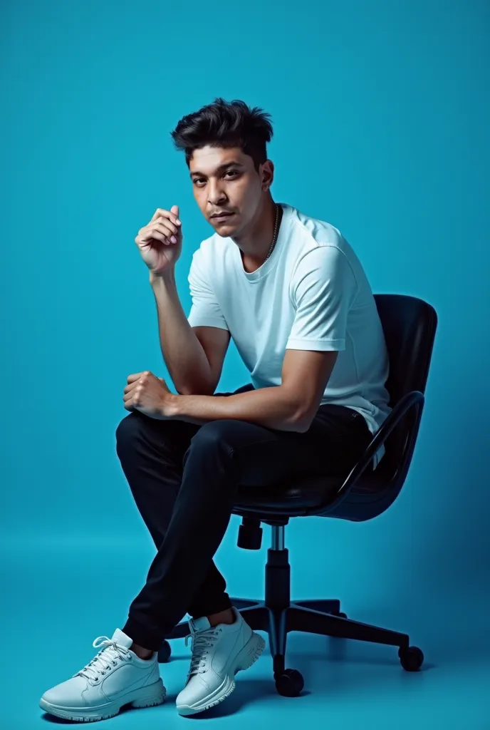 young sexy latino guy. elegant, sporty, dressed in cyberpunk style, sitting with crossed legs, hitech chair, blue monochrome background. serious, deep look, he is an artist, passionate look. very short cyberpunk hair. thinker hands. white t-shirt, white sh...