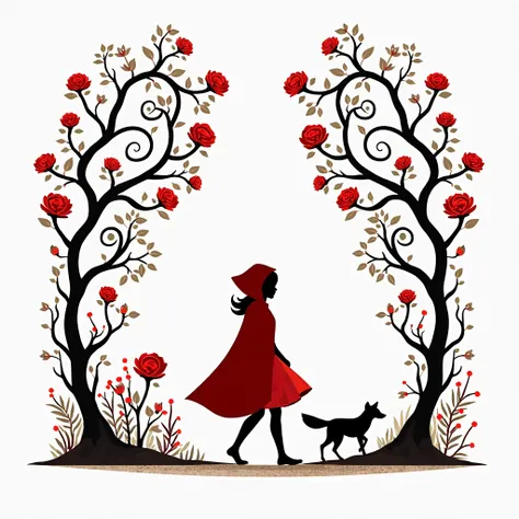 "Create a image that features a central female figure, reminiscent of Little Red Riding Hood, in silhouette. The figure should be walking and wearing a simple dress and cape, without intricate details. The setting should include stylized trees with spiral ...