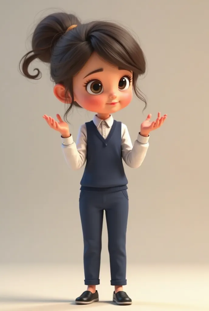 Create an animation, a girl wearing navy blue pants and vest, white blouse and black shoes, Bundled Hair, He finds himself showing something with both his hands on his right side