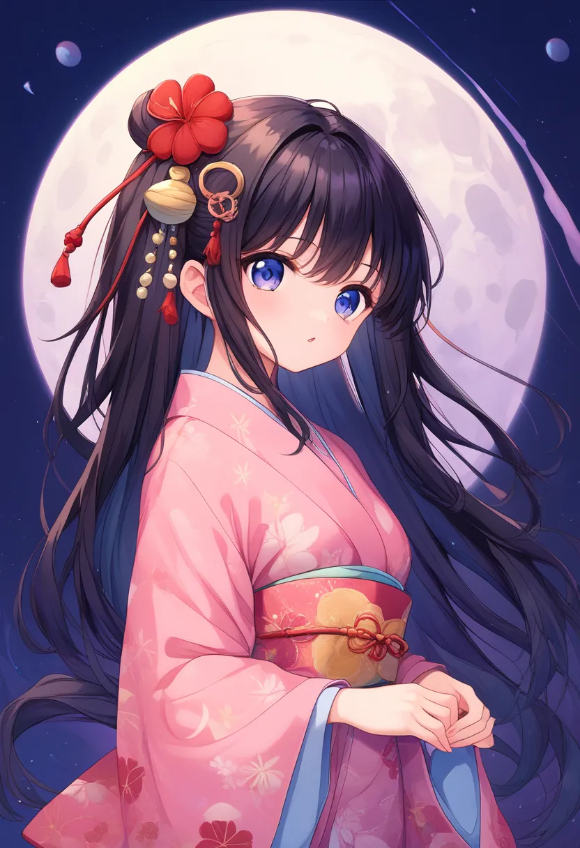  neutral、deep purple retro modern water dried kimono、Moon pattern on kimono、moon ornaments、 black hair、long hair、 hair down、 moon hair ornament、downer、Full moon in the background