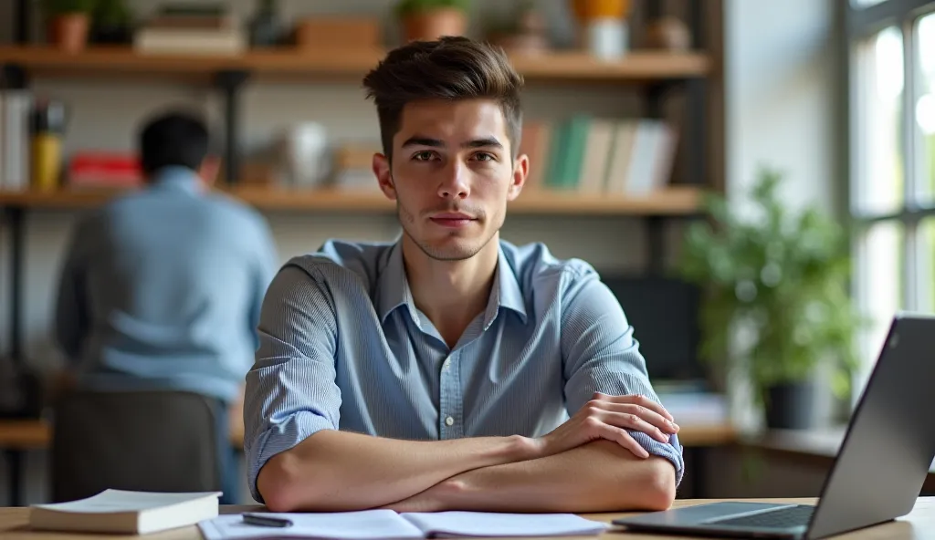 The same young man, now well-groomed, sitting upright at a desk with books, a laptop, and a clean, organized workspace. He looks focused and determined, wearing a confident expression. The lighting is bright and inspiring, symbolizing discipline and transf...