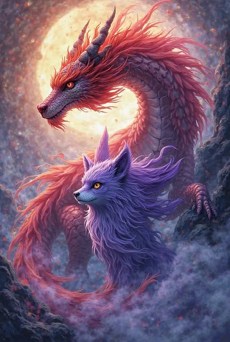 Team banner like a dragon and purple fox 