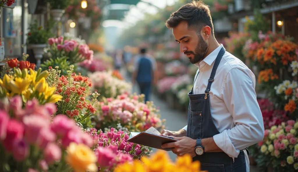 A high-definition image of a florist sourcing fresh flowers. The scene features a bustling flower market with vibrant bouquets in various colors, a florist carefully selecting blooms, and local farmers (male) arranging their fresh-cut flowers. The atmosphe...