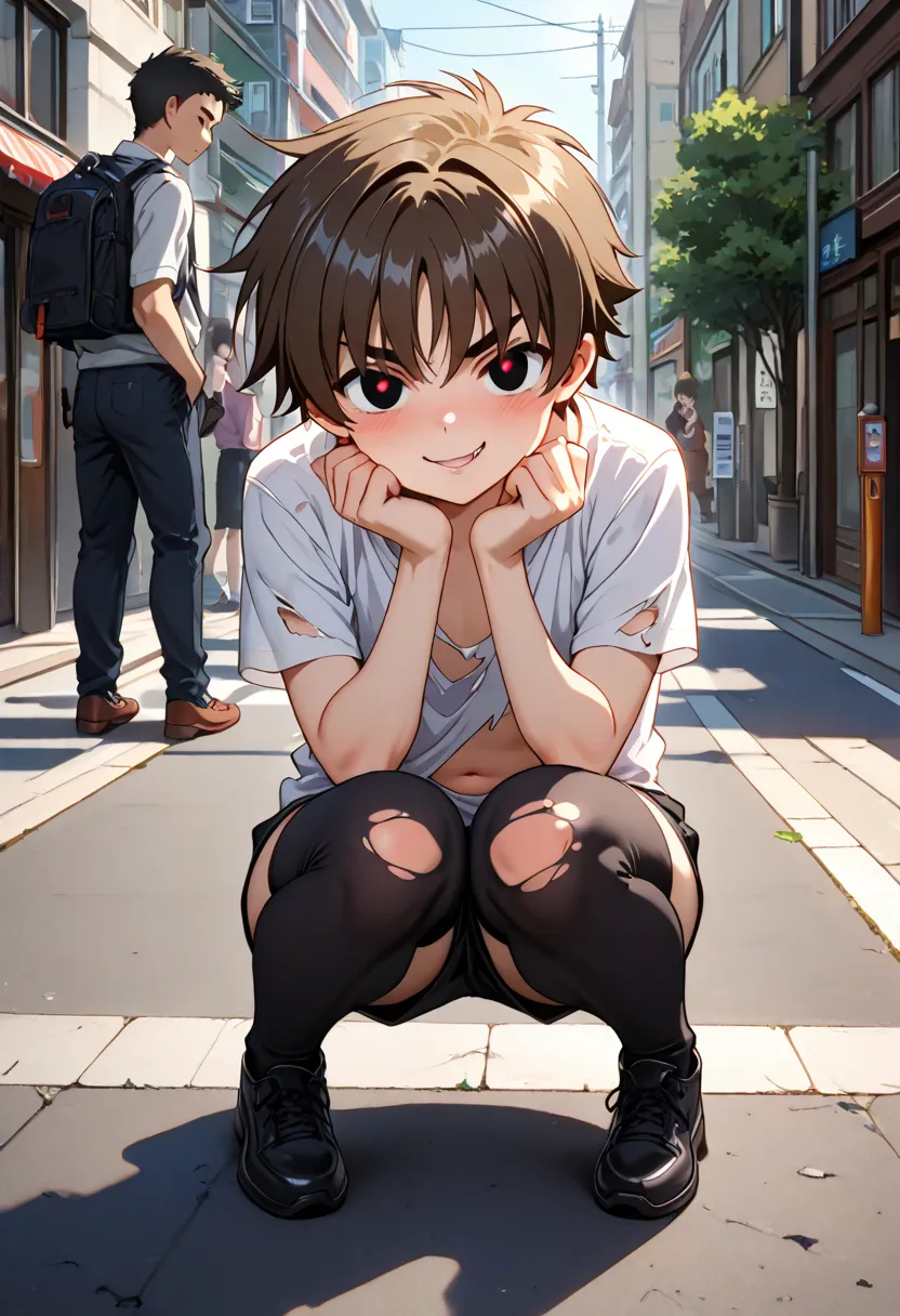 (masterpiece), best quality, expressive eyes, perfect face, black thighhighs, full body,street,squatting in street,torn shirt,naughty face,looking at viewer,male focus,boy,shota,femboy,multiple boys, ageprogression,li syaoran