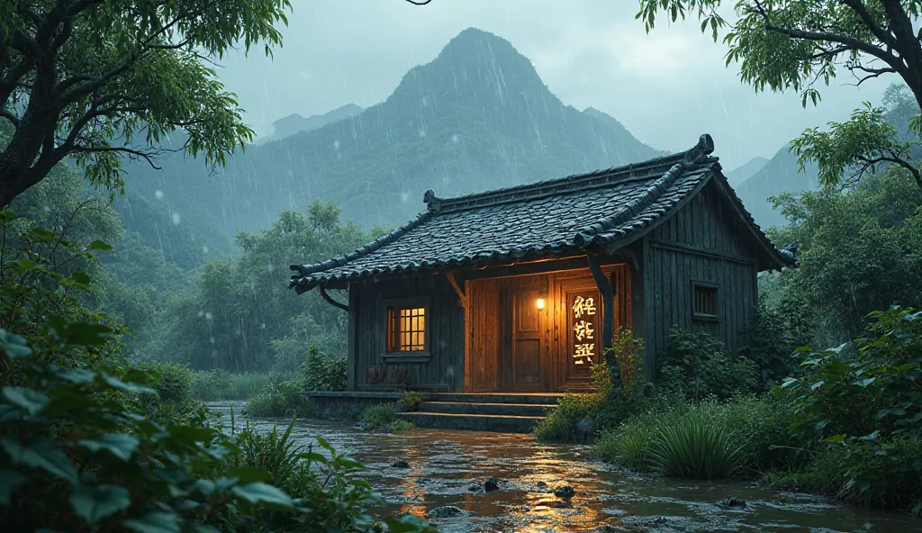 A traditional village house surrounded by lush greenery, heavy rainfall, a foggy mountain in the background, cinematic lighting, text on the door in vintage Hindi calligraphy.