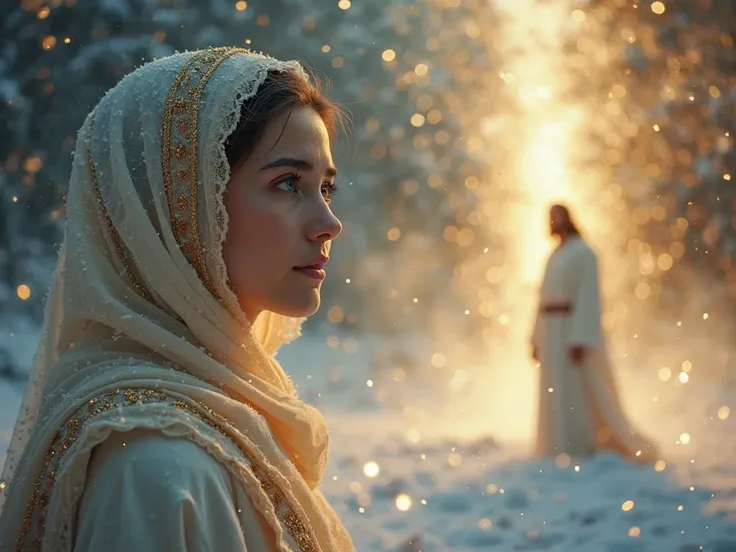 a young Muslim woman wearing a beautifully embroidered hijab, her delicate features illuminated by a soft ethereal glow as she stands in a supernatural realm, her eyes filled with wonder and curiosity as she converses with Jesus, who stands before her radi...