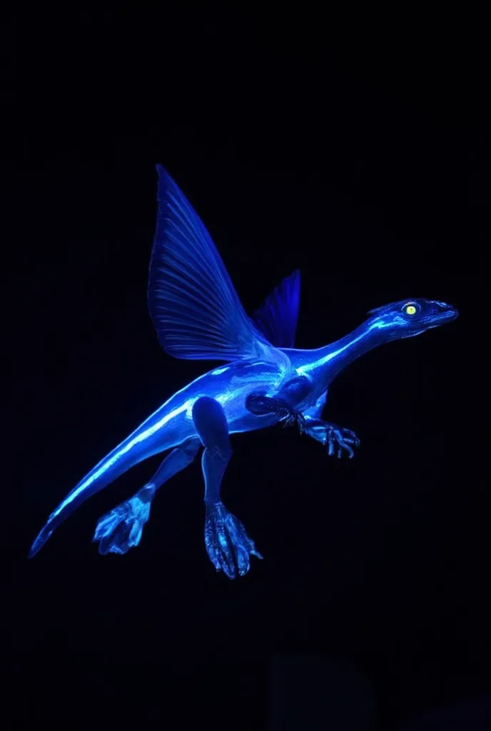 Aetheraptor" - A predatory dinosaur that can hover in the air. It has soft, shiny blue feathers that glow along the spine, thin wings as clear as glass, and claws that emit light when in the dark. Its eyes reflect light like the moon, silently hovering fro...