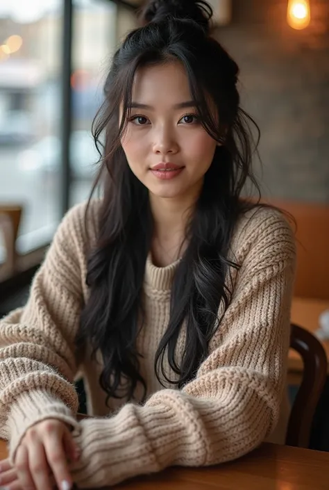 An Award Winning Portrait of a confident beautiful Asian woman with long black straight hair in a loose updo, dressed in a warm big loose sweater,  sitting in the restaurant,  pants, , big breasts,  big boobs, busty, knee-high boots, cat eye make-up,  beau...