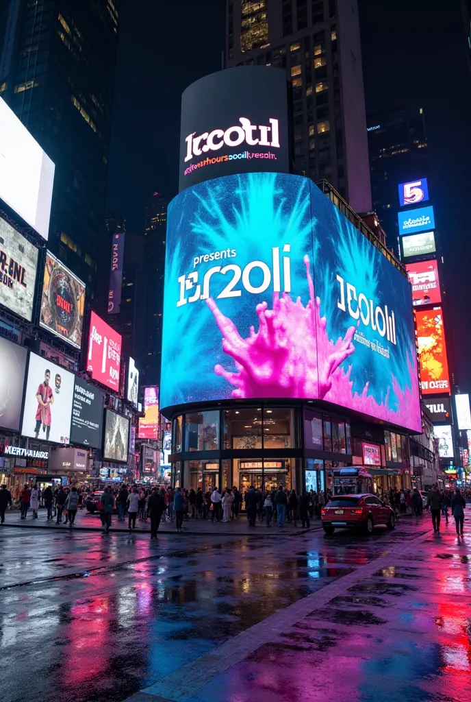 A high-energy digital billboard in New York’s Times Square, displaying a bold and modern advertisement for H2O HOLI (styled as H20li). The billboard features vibrant, colorful splashes of water and Holi powder, blending neon blues, pinks, and purples to cr...