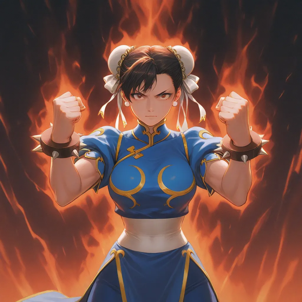 Chun-Li 　 The character is in a powerful stance, fists clenched, with an aura of energy depicted as red and white lines surrounding them　Image is a digital illustration featuring a dynamic and stylized anime character. 　A highly stylized, cinematic anime i...