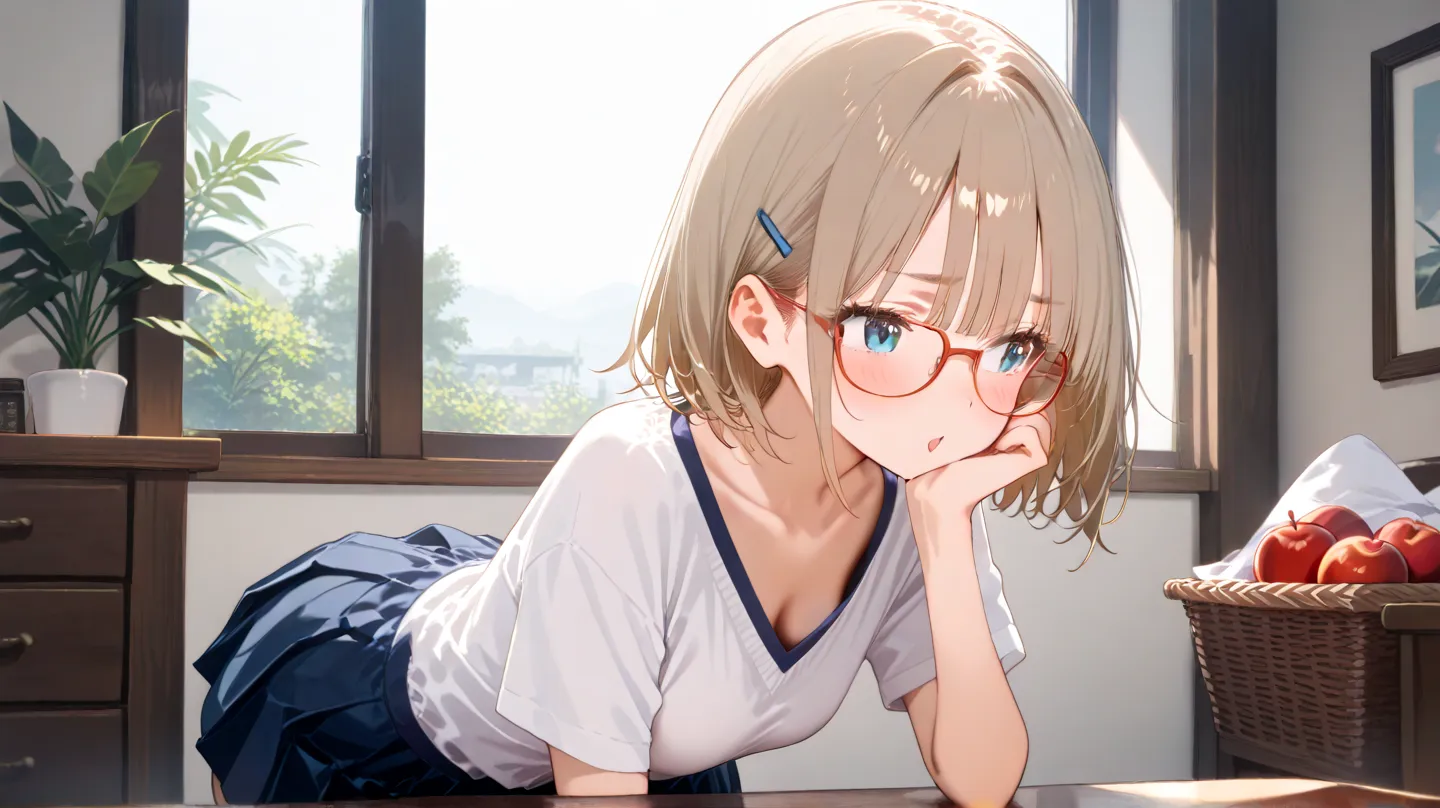 1 girl, 20 years old, glasses,Alone, V-neck clothing, Hair Accessory,  is looking away,  forward bending,indoors,  short hair, hair clip, blue eyes,  window, bangs, plant,  opened my mouth, basket, collarbone, holding basket, blond hair, blunt bangs, upper...