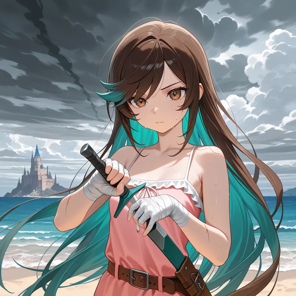 masterpiece, best quality, amazing quality, very aesthetic, newest, solo, 1girl, upper body, multicolored hair, brown hair, teal hair, very long hair, swept bangs, brown eyes, closed mouth, thin, small breasts, bare shoulders, pink sundress, bandaged hands...