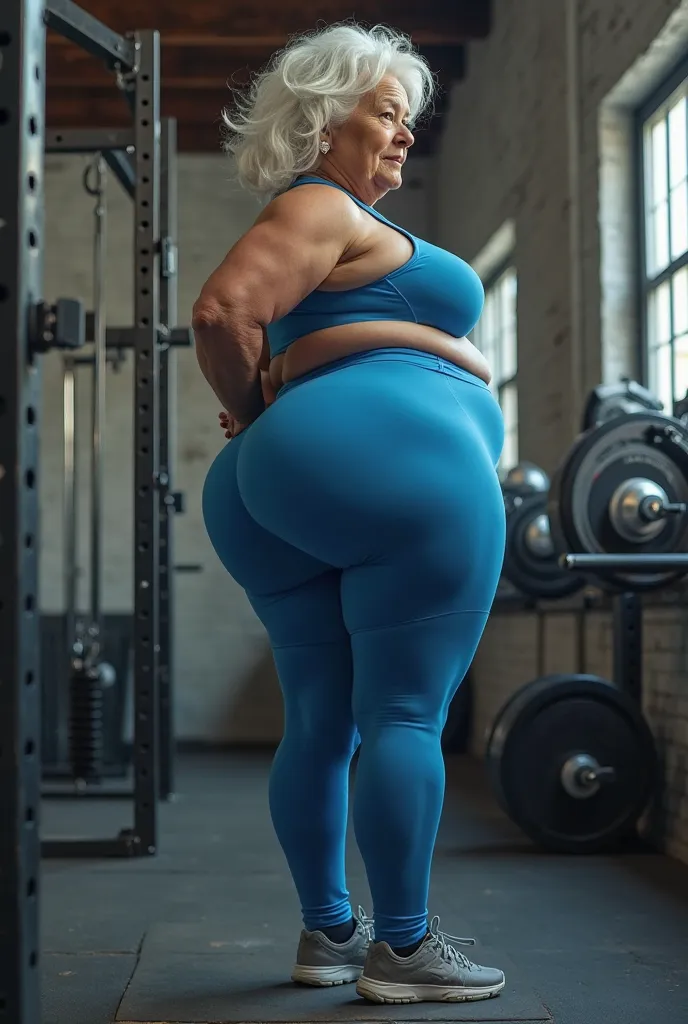 (((Huge sexy booty granny))). Big butt cheeks. In tight blue tights. Candid booty. Bending over in squat rack. Giant booty is in front of camera. Slim waist. Old woman. White short hair. Gigantic butt is protruding.  Wearing white T-shirt. In the gym.