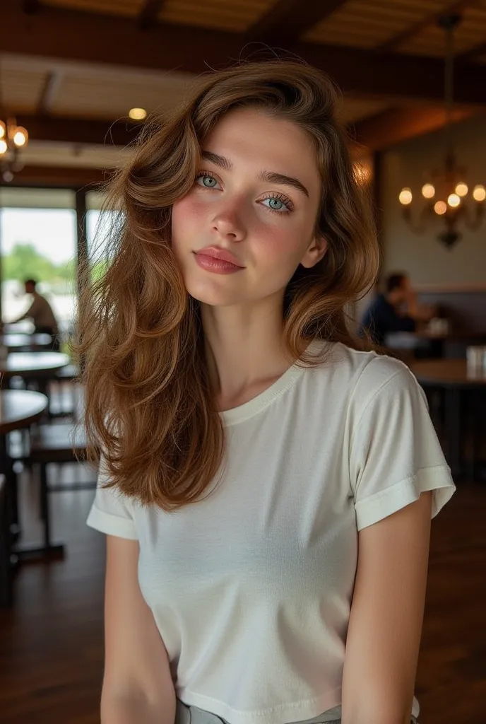 A warm and inviting cinematic portrait photograph of a stunning young woman wavy brown hair, showcasing her flawless porcelain skin and bright, expressive blue eyes, wearing a t-shirt and short skirt standing confidently in a cozy, rustic restaurant enviro...