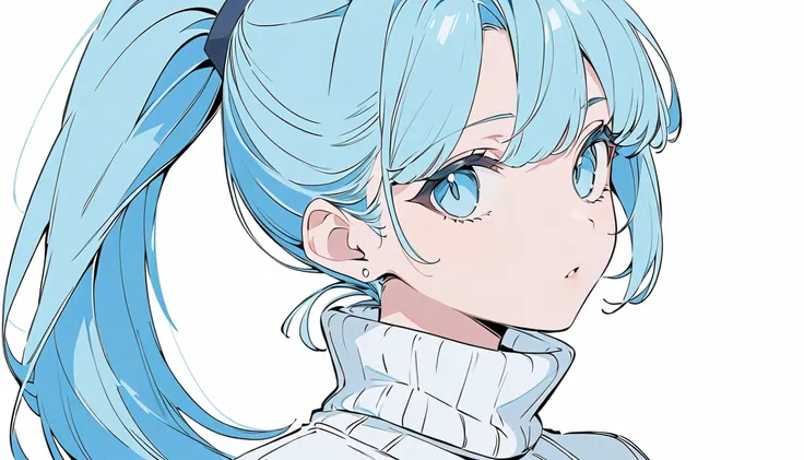 ((((ultra illustrated style:1.0)))), best quality, best animated, masterpiece, 
monochrome, flat color, 
white and blue, 1girl, solo, 
(light blue hair, ponytail) and (light blue eyes),
turtleneck sweater, 
tachi-e,
white background, simple background, blu...