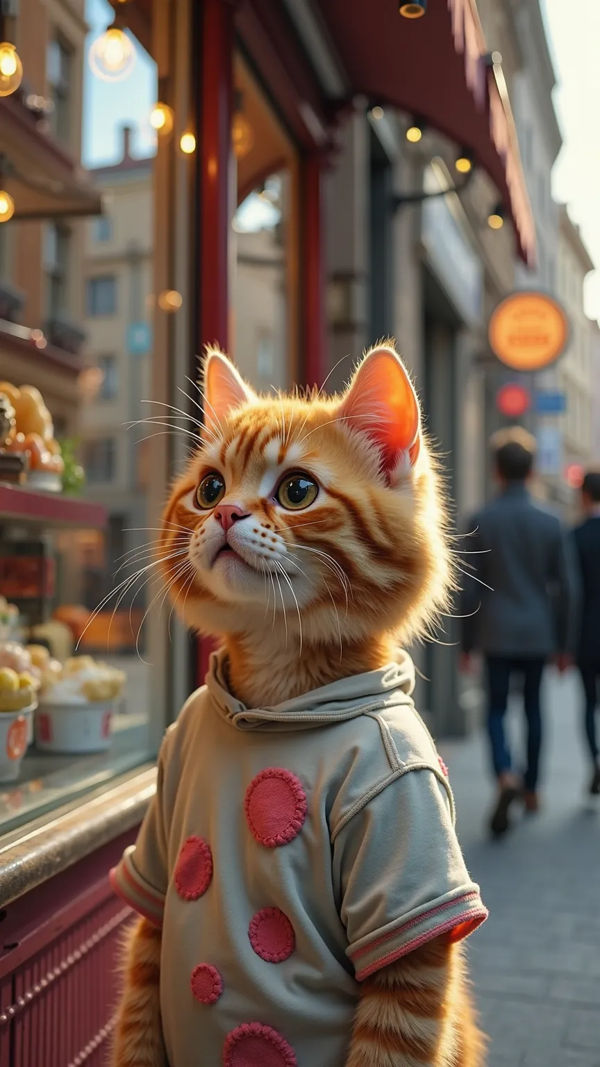 wide shot from across the street a of a high class huge ice cream store in a mid day lit street where a poor homeless looking orange cat with big teary eyes (wearing a shirt with circular spots where fabric is missing)  is looking at the store from outside...