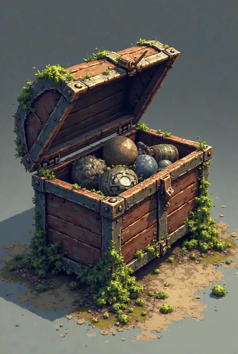 A detailed 3D pixel-art style wooden chest, slightly old and worn out, with rusty metal edges. The chest should have moss growing on its sides and be partially buried in dirt. The lid is slightly open, revealing a glimpse of mysterious objects inside. The ...