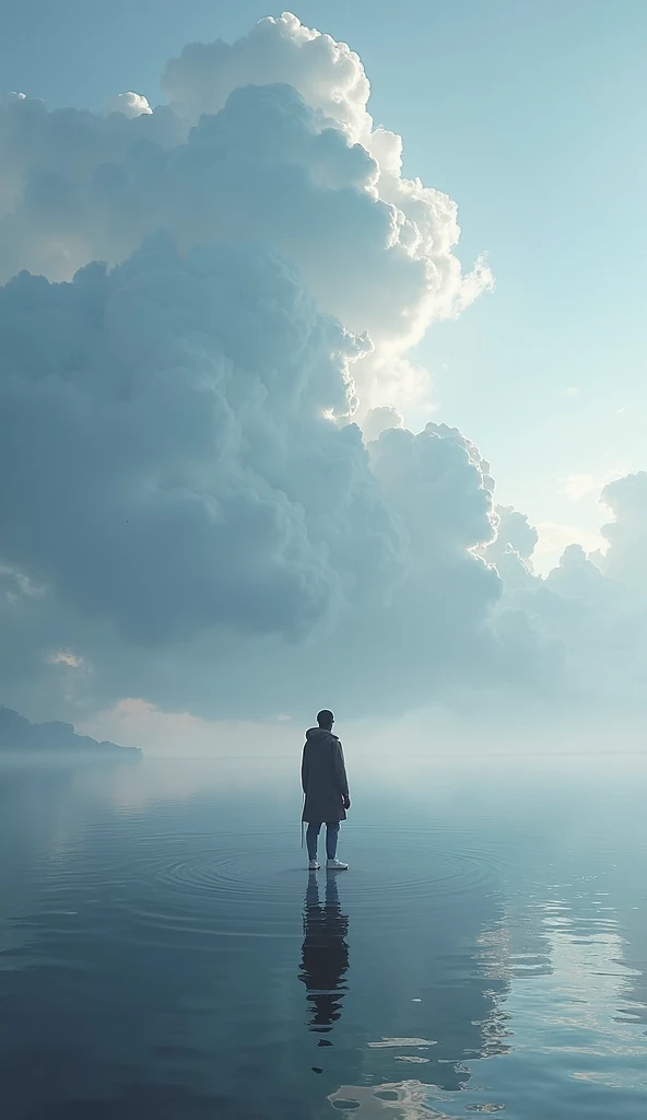 A man standing on a lake, large clouds ahead in the distance, very wide angle, He is a African in complexion. He wears a black cap, a black puffy jacket, blue trousers, and white shoes.