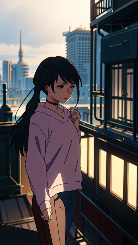  girl standing on a balcony with coffee in one hand, cgsociety 9, Chill Hop, Alena Aenami and artgerm,  Shinkai Makoto and Art Jam , lofi girl風, anime scenery, makoto shinkai and  (cain kuga ),  lo-fi theme , Anime Landscape, Anime Nature, Roof Background,...