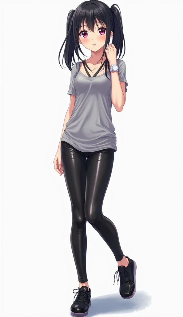 Japanese anime adolescent woman with long straight black hair with two pigtails and short locks and intense magenta eyes and wears a white watch on her left wrist and wears a short gray top with straps, black leggings made of shiny material (similar to lea...