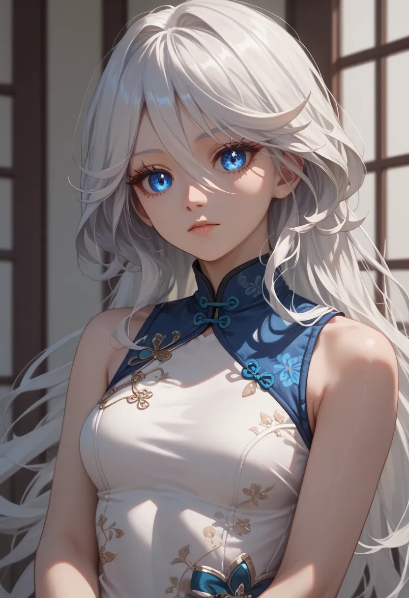 freena,1 girl,Alone,long hair,blue eyes, white hair,(chinese dress:1.1),Erimi Mushibami,detailed eyes,(sleeveless:1.2),, 1 girl,
,  (masterpiece,best quality:1.2),Absard Dress