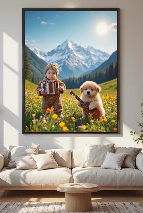 A beautifully framed artwork hanging on a modern living room wall, featuring a photorealistic image of an adorable baby standing and playing a small accordion, dressed in a cozy knitted outfit. Beside the baby, a charming, fluffy puppy sits upright, playin...