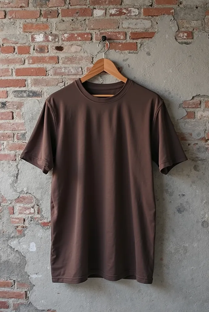 Dark Brown T-Shirt hanging on brick wall grey white