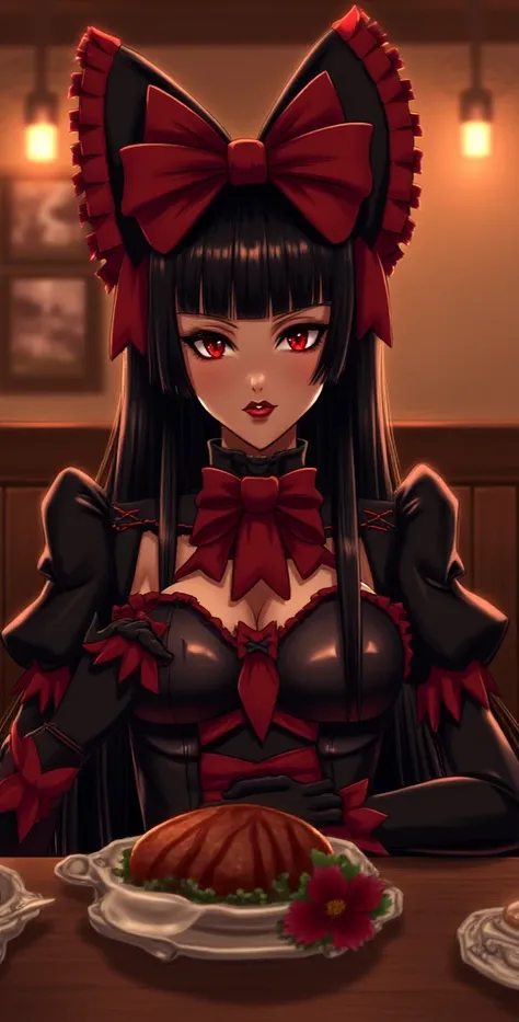 Rory Mercury,high resolution, better quality, HD model, High detail, High quality, full frame, full length , full height, Gothic style in the center, black hair, straight hair, Breasts, makeup, scarlet lips, dinner,  coffee, Dinner at a cafe.