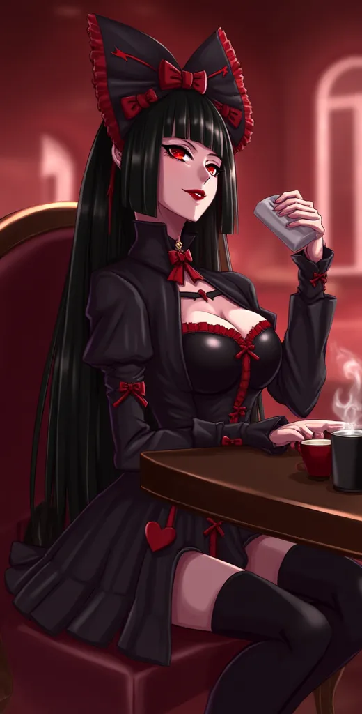 Rory Mercury,high resolution, better quality, HD model, High detail, High quality, full frame, full length , full height, Gothic style in the center, black hair, straight hair, Breasts, makeup, scarlet lips, dinner,  coffee, Dinner at a cafe.