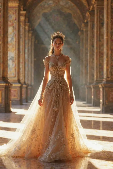 A queen walking in a palace hallway 