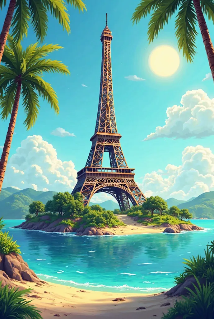   I want a fantasy cartoon-style image of the Eiffel Tower on a lush green island, surrounded by water, with palm trees on the sides.

Additionally, I want an image that looks like Hawaii, featuring the Leaning Tower of Pisa. The design should be close to ...